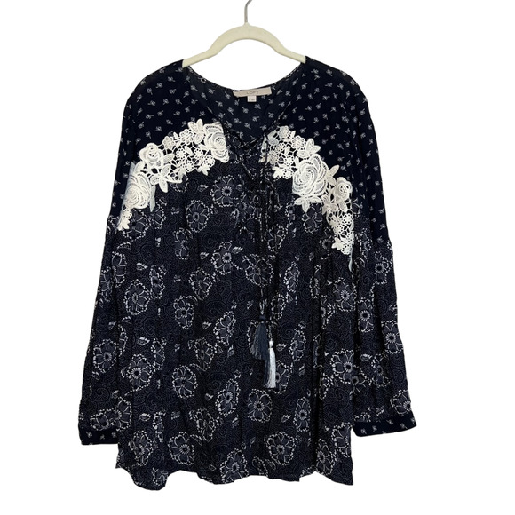 Loft Womens Peasant Blouse Large Navy White Floral Tasseled Cottagecore Boho - Picture 1 of 5